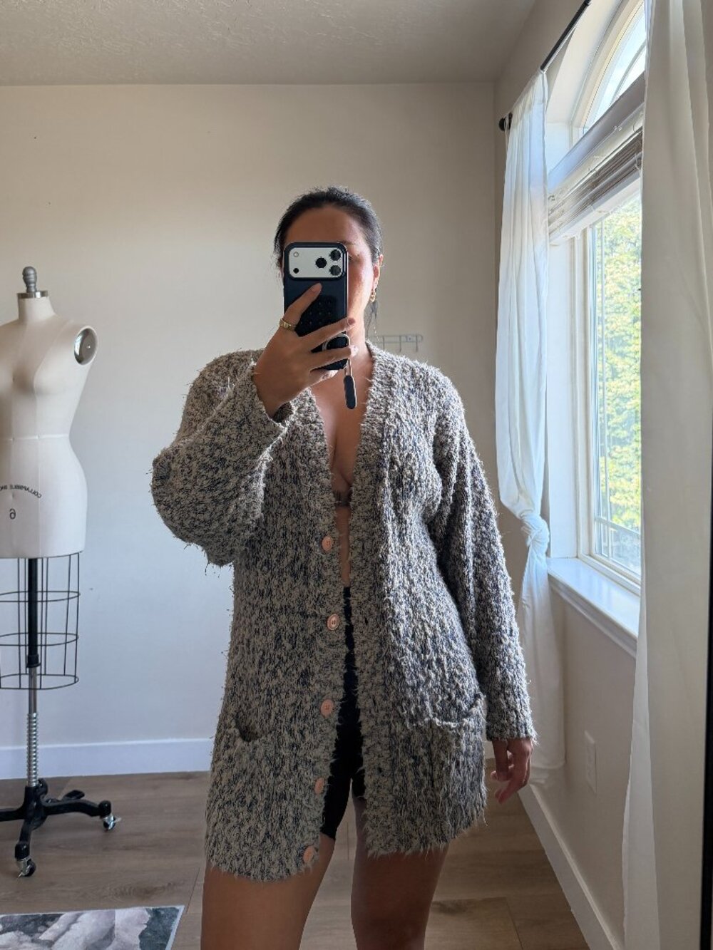 Vintage Longline Cardigan Sweater | Blue Grey Textured Knit | Oversized M